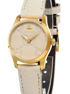 Gucci G-Timeless 27mm Gold PVD Bezel Cream Dial Watch YA126580A Leather Strap